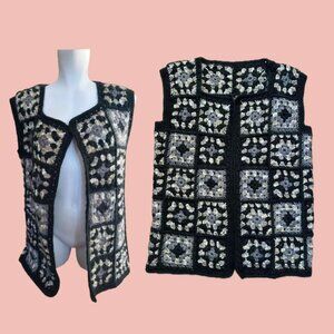 Handmade crochet vest granny square pattern in black, grey, and beige
